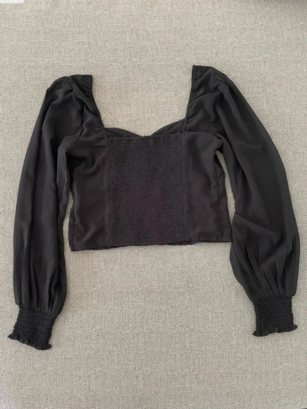 Abercrombie & Fitch Sz M Black Smocked Sheer Long Sleeve Crop Blouse Whimsigoth